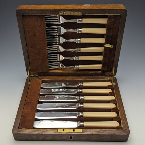 British Vintage Resin Handle Fish Cutlery 6 Pair Set in Wooden Box Cooper Brothers